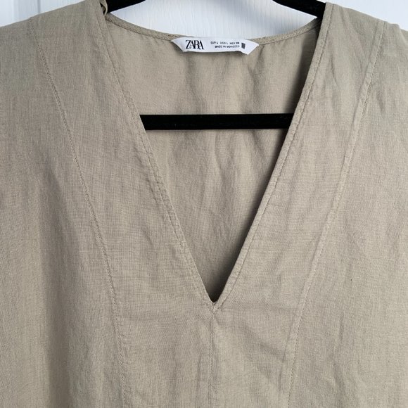 Zara Tiered Linen Blend Babydoll Dress V Neck Ruffled Hem Balloon Sleeve Size L - Picture 10 of 14